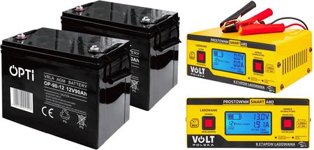 Zestaw 2x akumulator Volt OPTI VRLA AGM 12V 90Ah + prostownik 6PRA12A824 A80