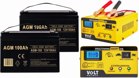 Zestaw 2x akumulator Volt VRLA AGM 12V 100Ah + prostownik Smart 6/12V 15A