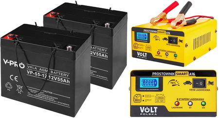 Zestaw 2x akumulator Volt VPRO VRLA AGM 12V 55Ah + prostownik Smart 6/12V 15A