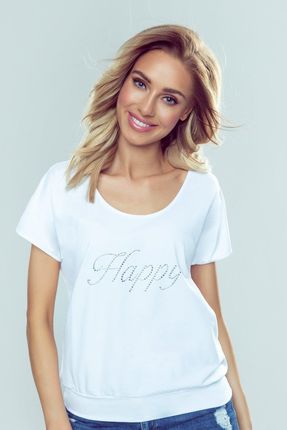 Koszulka damska z krótkim rękawem z połyskującym napisem Happy Eldar biała