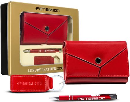 Zestaw prezentowy: średni, skórzany portfel damski, brelok i długopis — Peterson