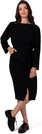 B269 Sukienka ołówkowa midi z paskiem - czarna (kolor czarny, rozmiar L)