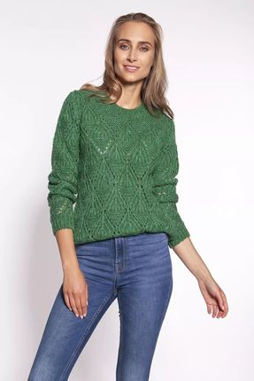 Prosty ażurowy sweterek z okrągłym dekoltem (Zielony, S)
