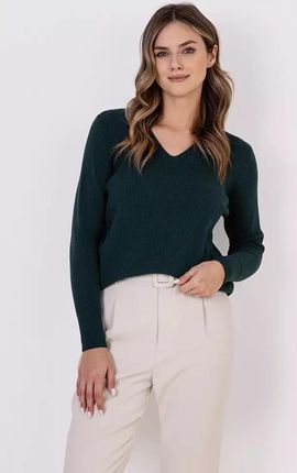 Prążkowany sweter basic z dekoltem v (Zielony, S)