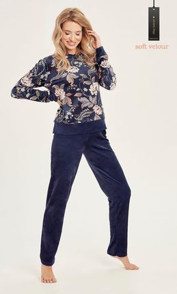 Piżama damska welur,wzór kawiatowy,długi rekaw spodnie (granat, XL)