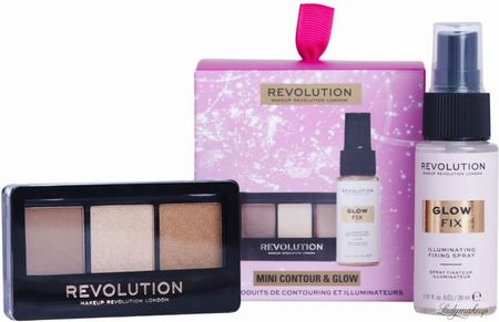 Makeup Revolution Mini Contour & Glow Gift Set Zestaw Prezentowy Do Makijażu Twarzy Rozświetlający Spray 30 ml + Mini Paletka Do Konturowa