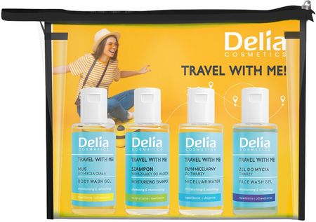 Delia Travel With Me Zestaw: Mus Do Mycia Ciała 50 Ml + Nawilżający Szampon Włosów Płyn Micelarny Twarzy Żel Twarzy