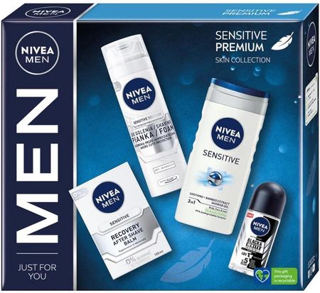 Nivea Men Sensitive Premium Zestaw Żel Pod Prysznic 250Ml + Antyperspirant Roll-On 50Ml Balsam Po Goleniu 100Ml Pianka Do Golenia 200Ml