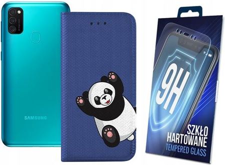 Martech Etui Z Klapką Do Samsung Galaxy M21 Niebieski I Wzór Panda Szkło Hartowane
