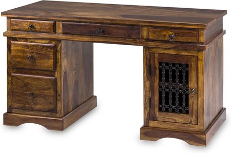 Kolonialne drewniane indyjskie masywne biurko z metaloplastyką do gabinetu biura 80588 Moje Delhi