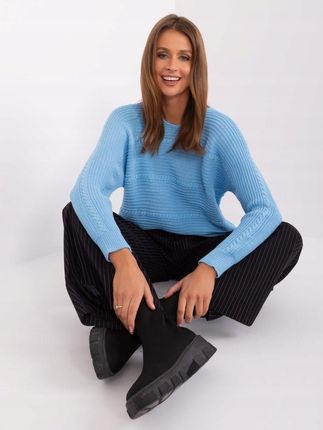 Sweter niebieski klasyczny z warkoczami akrylowy
