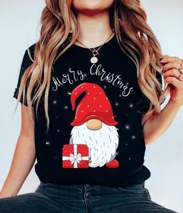 czarna damska koszulka z skrzatem na święta świąteczny skrzat1