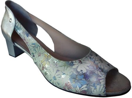 Skórzane sandały srebrne kwiaty obcas 6 cm