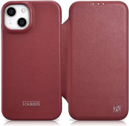 Icarer Ce Premium Leather Folio Case Skórzane Etui Iphone 14 Z Klapką Magnetyczne Magsafe Czerwony  