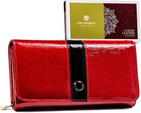 Skorzany lakierowany portfel damski z miejscem na dlugopis