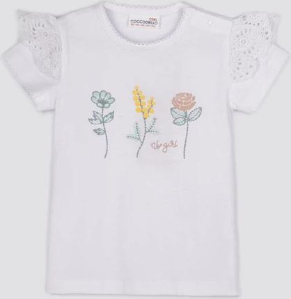 T-shirt z krótkim rękawem biały z falbankami i kwiatowym nadrukiem