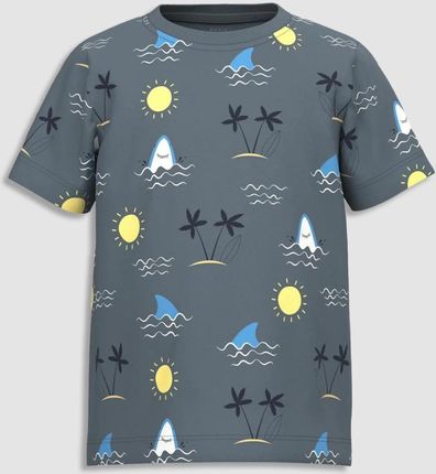 T-shirt z krótkim rękawem szary z wzorem w palmy, rekiny i słoneczka