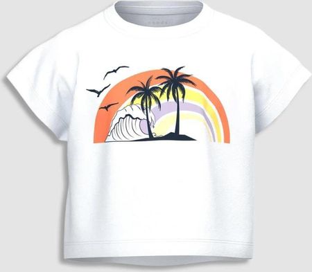 T-shirt z krótkim rękawem CROP TOP biały z tęczą i palmami