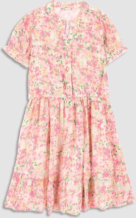 Sukienka tkaninowa z krótkim rękawem wielokolorowa z kwiatowym printem i wiązaniem w pasie