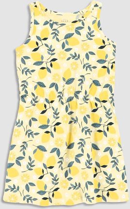 Sukienka dzianinowa na ramiączkach żółta z gumką w pasie i wzorem w cytryny
