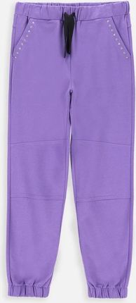 Spodnie dresowe fioletowe z kieszeniami i przeszyciami na nogawkach
