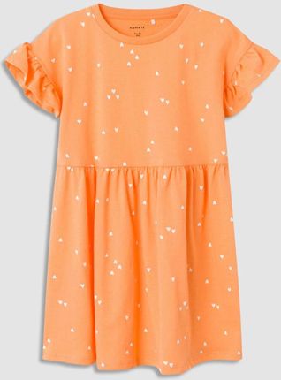 Sukienka dzianinowa z krótkim rękawem pomarańczowa z printem w serduszka