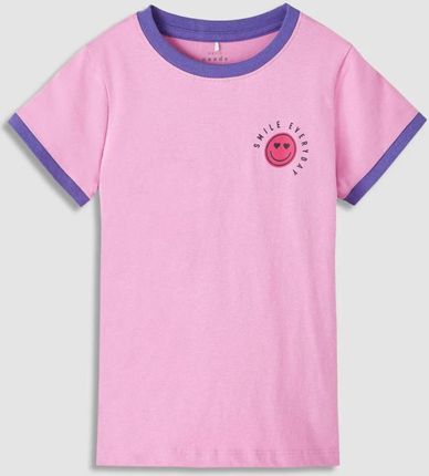 T-shirt z krótkim rękawem różowy z nadrukiem i kontrastowymi wstawkami