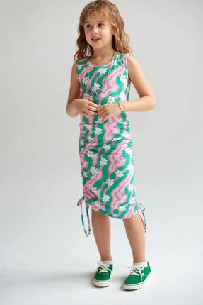 Sukienka dzianinowa bez rękawów prosta zielona ze ściągaczami i kwiatowym wzorem