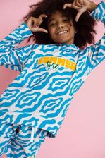 Bluza dresowa z kapturem niebieska z abstrakcyjnym wzorem i napisem