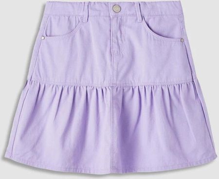 Spódnica tkaninowa fioletowa z kieszeniami i falbaną