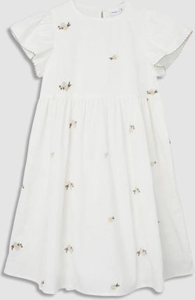 Sukienka tkaninowa z krótkim rękawem biała z haftami i falbanami
