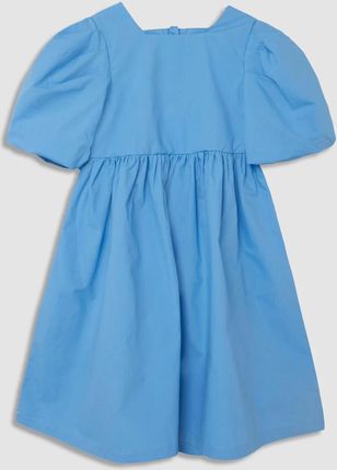 Sukienka tkaninowa z krótkim rękawem niebieska rozkloszowana z bufkami