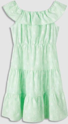 Sukienka tkaninowa z krótkim rękawem zielona z falbaną i tłoczeniami na całości