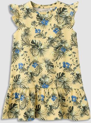 Sukienka dzianinowa z krótkim rękawem żółta z roślinnym printem