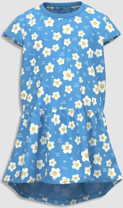 Sukienka dzianinowa z krótkim rękawem niebieski z kwiatowym printem i dłuższym tyłem