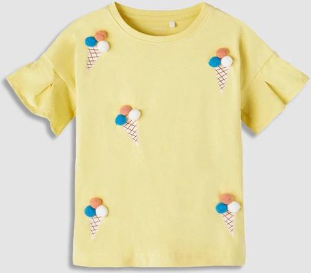 T-shirt z krótkim rękawem żółty z nadrukiem i pomponami