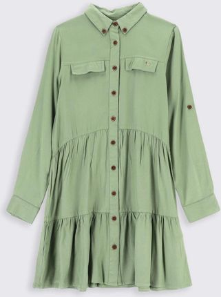 Sukienka tkaninowa zielona rozkloszowana z kołnierzykiem