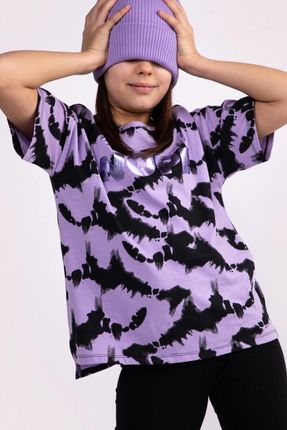 T-shirt z krótkim rękawem fioletowy z napisem i wzorem tie dye