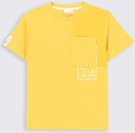 T-shirt z krótkim rękawem żółty z kieszenią i napisami