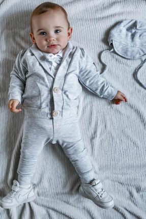 Elegancki zestaw dla niemowlaka 5 pack białe body + szara bluza, spodnie, czapka i niechodki