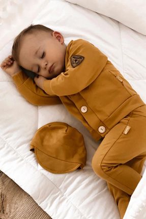 Elegancki zestaw dla niemowlaka 5 pack białe body + miodowa bluza, spodnie, czapka i niechodki