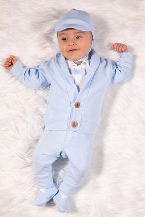 Elegancki zestaw dla niemowlaka 5 pack białe body + niebieska bluza, spodnie, czapka i niechodki