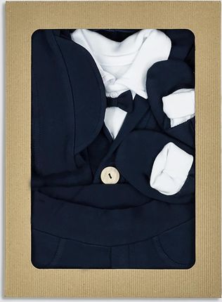 Elegancki zestaw dla niemowlaka 4 pack białe body + granatowa bluza, spodnie i czapka