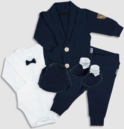Elegancki zestaw dla niemowlaka 5 pack białe body + granatowa bluza, spodnie, czapka i niechodki