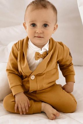 Elegancki zestaw dla niemowlaka 4 pack białe body + miodowa bluza, spodnie i czapka