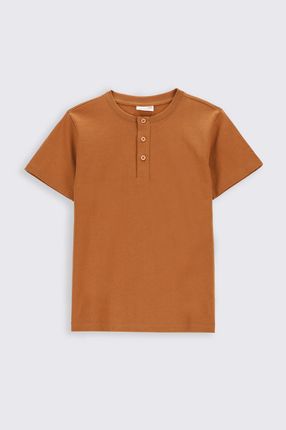 T-shirt z krótkim rękawem brązowy z rozpinanym dekoltem