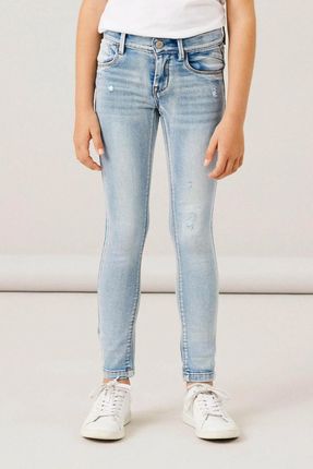 Spodnie jeansowe SKINNY FIT błękitne z dopasowaną nogawką i efektem sprania