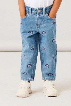 Spodnie jeansowe MOM FIT niebieskie z haftowanymi tęczami na przodzie