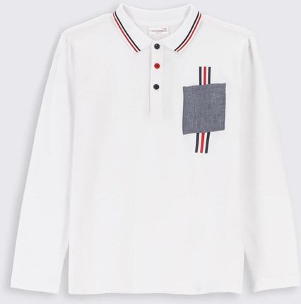 T-shirt z długim rękawem biały z kieszenią i kołnierzykiem typu polo