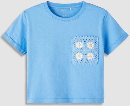 T-shirt z krótkim rękawem niebieski z haftowaną kieszonką
